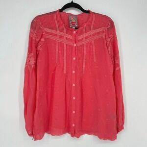 Johnny Was Helia Coral Embroidered Eyelet Rayon Long Sleeve Tunic Blouse S